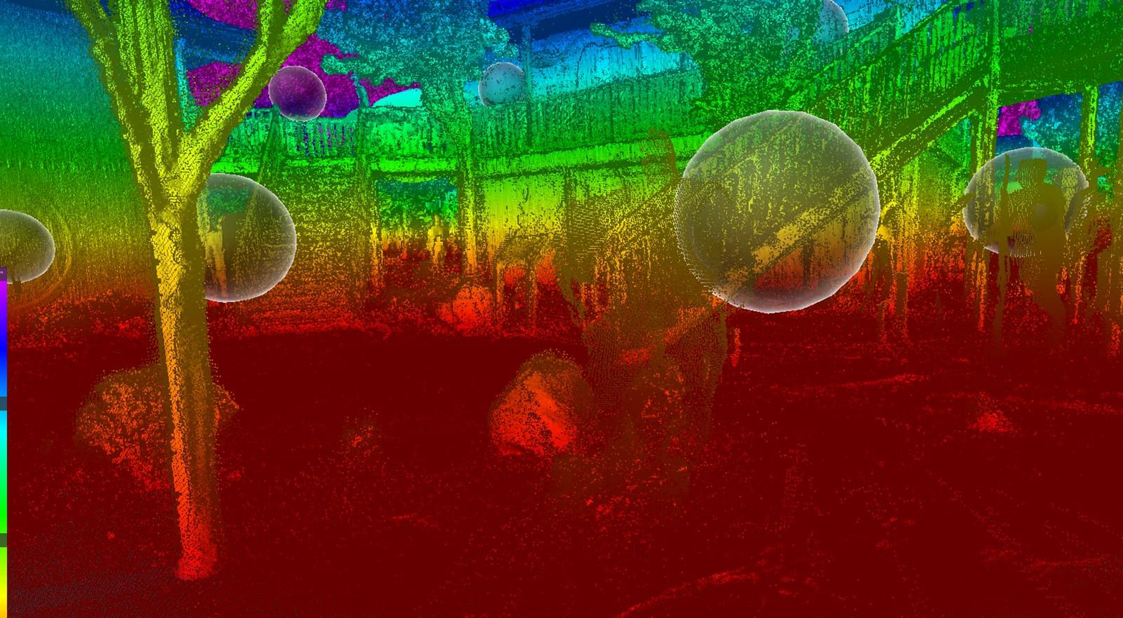 The same courtyard as a point cloud coloured by elevation